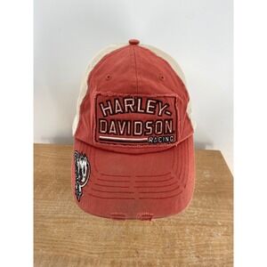 Harley Davidson Racing Screamin Eagle Distressed Trucker Hat Red Cream Snapback